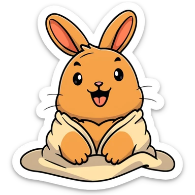 full-body pale brown bunny yawning with messy hair, blanket over shoulders sticker
