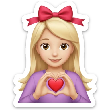 una ragazza bionda liscia con un fiocco in testa che fa un cuore con le mani sticker