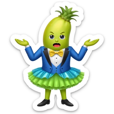 Angry blue banana fruit wearing a sparkly lime green tuxedo and tutu sticker