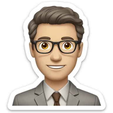 Pale skinned fit man with dark brown hair in gray jacket, beige office shirt, brown tie, brown pants and vintage glasses Writing text on a marker board sticker
