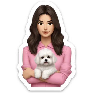 brunette Kendall Jenner with long hair holding on the hands white maltipoo in pink collar sticker
