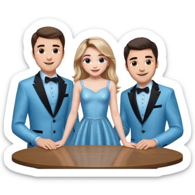 Sabrina carpenter in a light blue sparkly dress at a table with 3 handsome men, and she is standing up reaching over  sticker