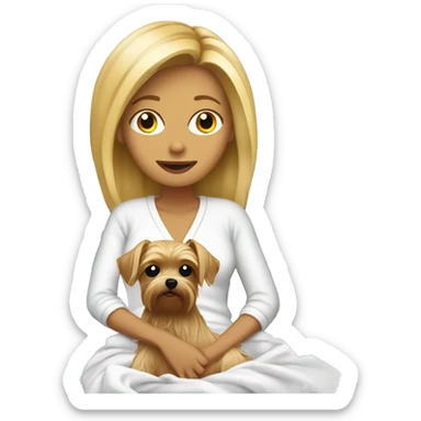 Blonde woman sitting on sofa with Yorkie covered in her sheets sticker