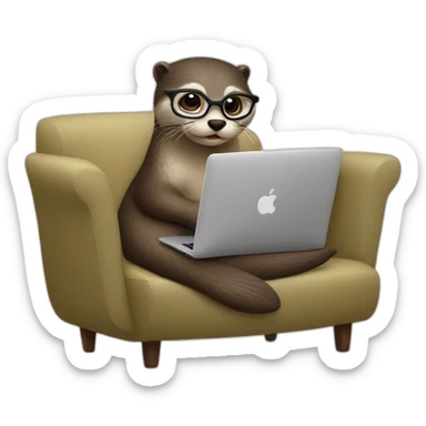 female otter with glasses use a macbook while seated against a pillow sticker