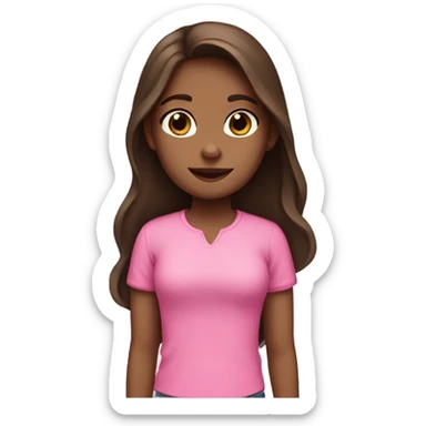 A girl with long brown hair and brown eyes and a pink shirt with three black cats sticker