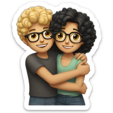 boy with curly blonde hair and glasses hugging girl with wavy black hair and glasses sticker