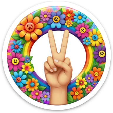 A round psychedelic colored button with a hand making the peace sign in the center surrounded by rainbow colored hippie style flowers sticker