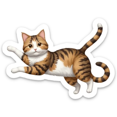 brown tabby and white cat with doing a big extremely long stretch reaching up into the air with arms and legs side by side together straight and overextended whilst lying on its side sticker