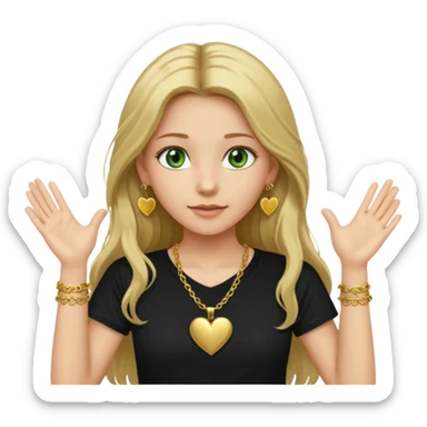 Girl with long dirty blond hair green eyes gold necklace and heart gold earrings holding her hands up and black t shirt  sticker