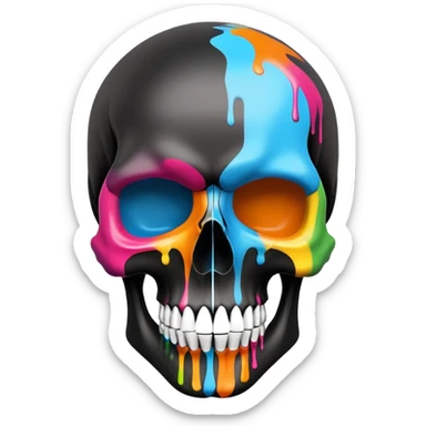 sleek black skull with colorful graffiti paint and brand logos contained within the skull shape, no drips extending beyond the skull outline, front view sticker