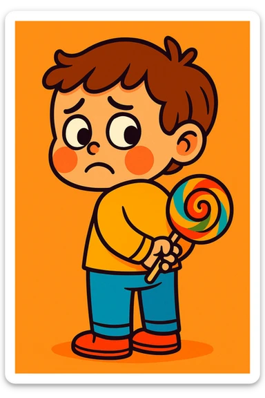 a small child with a lollipop behind their back, looking guilty, cute illustration, vibrant toon style sticker