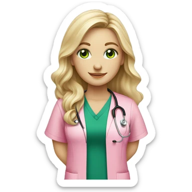pale blonde girl with long wavy hair and green eyes wearing pink scrubs and stethoscope  sticker