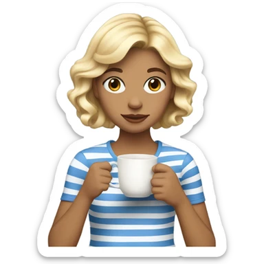 Blond girl with bangs and wavy hair, in her 20s in a striped shirt drinking tea sticker