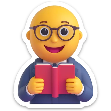 3D smiley emoji, round shape, librarian: wearing glasses, holding book, funny face sticker