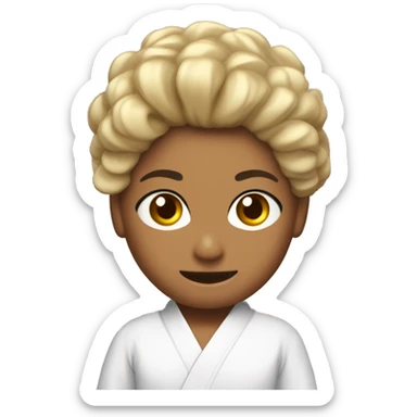 Genera un moreno cabello de cabello ondulado rapado en los lados  y ojos marrones claros, vestido con un uniforme de karate, con una cinta negra en la frente. sticker