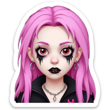 girl, pale black vampire, pink hair, very long, shaggy, dark, spooky,double eyebrow dermal piercing, creepy expression sticker