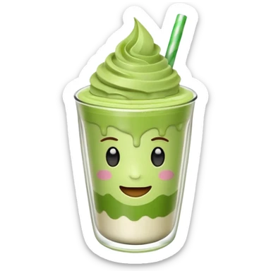Emoji glossy 3D de un vaso de matcha latte, vaso de vidrio transparente con matcha espumoso verde pastel, capas suaves de leche y matcha, brillo intenso tipo sticker, sombras delicadas, fondo transparente, estilo cute moderno, alta calidad sticker