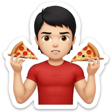 generate a pretty fair bratz boy with a messy mullet (black hair), wearing a red tshirt. eating pizza. He has big biceps and ripped sticker