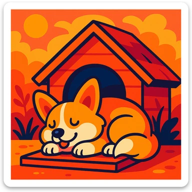 a corgi sleeping in a cozy dog house, warm colors, vibrant toon style, cartoonish, colorful sticker