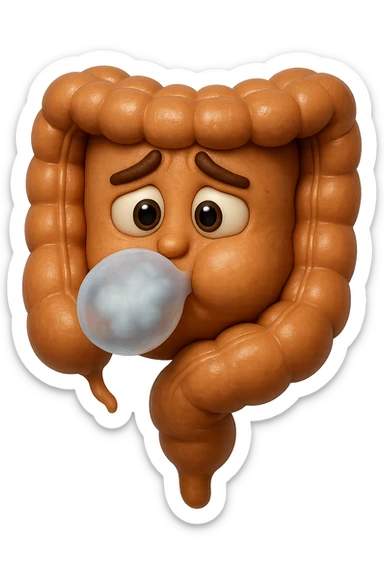 emoji stile iphone di un intestino che ingoia una nuvoletta di aria ben visibile e gli si gonfia la pancia, iperrealistico 4k sticker