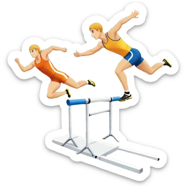 A collage of track and field equipment: a starting block, javelin, hurdle, discus, and high jump bar, symbolizing various disciplines. The background features a vibrant stadium with a running track, field events area, and cheering crowds.  sticker