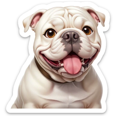 Cinematic Comical White English Bulldog Portrait Emoji, Head tilted dramatically with an exaggeratedly amused expression, featuring a striking pure white coat with a subtle sheen, wide, expressive brown eyes filled with playful disbelief, Simplified yet hilariously expressive features, highly detailed, glowing with a slightly sassy glow, high shine, dramatic yet playful, stylized with an air of cheeky defiance, bright and endearing, soft glowing outline, capturing the essence of a spirited and over-the-top guardian, so meme-worthy it feels like it could side-eye its way into internet fame instantly! sticker