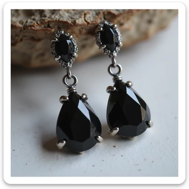 realistic goth earrings, black crystal teardrop, faceted gemstone, shimmering gothic sticker