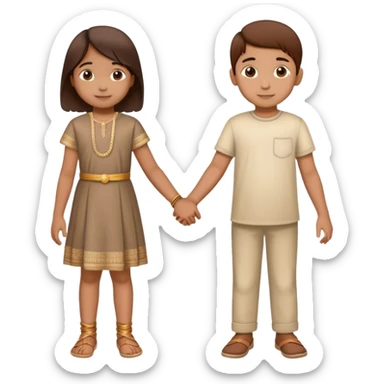 two Indian children (boy and girl) holding hands, boy lighter brown, girl medium brown, both age 5-6, simple background sticker