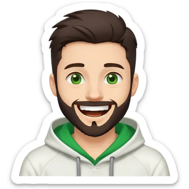 laughing guy with white hoodie, green eyes, dark brown undercut hairstyle and a short full beard sticker