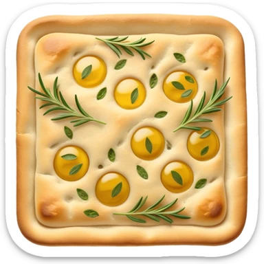Cinematic Realistic Focaccia Bread Dish Emoji, depicted as a golden, olive oil brushed flatbread sprinkled with herbs rendered with lifelike texture and soft, appetizing lighting. sticker