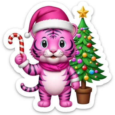 Pink tiger with Santa hat and candy cane and thumbs up, sitting by a brightly lit colorful Christmas tree sticker
