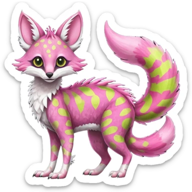 Feral Rare Fantasy   vivid tropical mango-lime-pink splash-patterned silky fur Vernid-Sergal-Genet-Trico-species by LiLaiRa, random markings, tufted tail, tufted ears, full body sticker