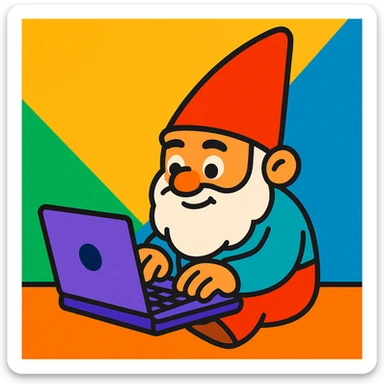 a gnome typing on a laptop, in a colorful, vibrant toon style sticker