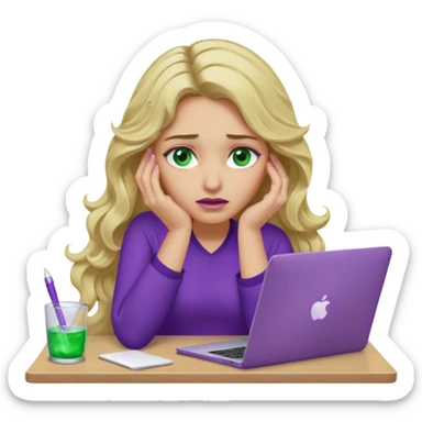 lady with long wavy blonde hair, purple top, green eyes, elbow on desk with hand on face, with a purple mac laptop tears rolling down her face as shes sick. sticker