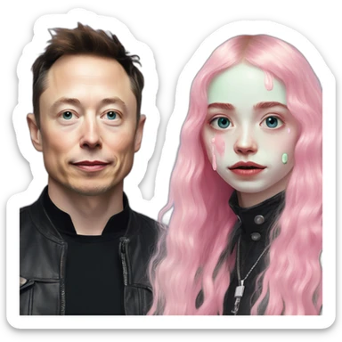 Grimes with milk slime on face, elon musk smirking, duo sticker
