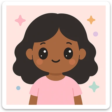 Make the black wavy hair arm length, keep the brown girl and cute light pink shirt, kawaii style sticker