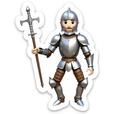 3D render of Knight Puppet as a wooden marionette puppet, Painted silver wood armor, strings, silver metal screw joints at elbows and knees, polished brown wood texture, rigid toy pose, emoji style, isolated on white background --v 6.0. sticker