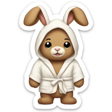 teddy bear that’s wearing a cream bunny dressing gown with the hood up with bunny ears sticker