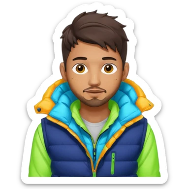Cyberpunk street adult, hispanic, male, messy undercut, puffer vest over hoodie, glowing earpiece, light stubble, brown eyes, neon reflections sticker