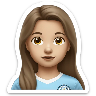 2 year old girl with long brown hair and eyes wearing Manchester City football shirt sticker