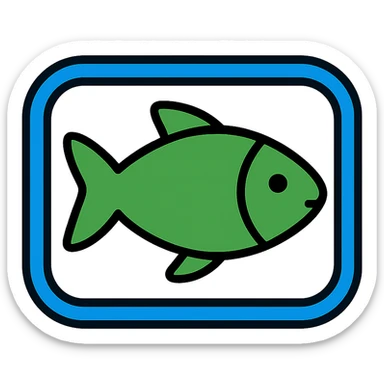 Create a minimalistic, flat icon of a green fish inside a blue rounded rectangle border. Use clean, simple lines with the rectangle in shades of blue and the fish in green for contrast. The background should be fully transparent with minimal use of other colors, prioritizing clarity and recognizability. Style consistent with previous icons provided in the references. sticker