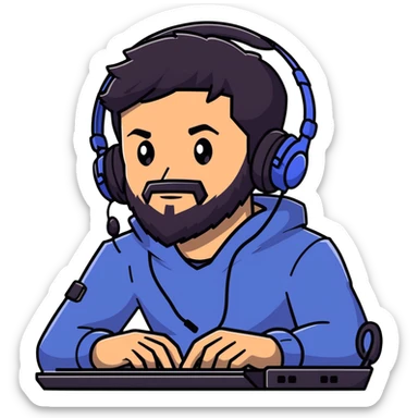 Detailed anime-style character with textured black hair, intense brown eyes, well-groomed black beard, and gaming headset with mic, dramatic anime lighting, detailed face sticker