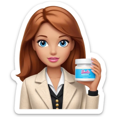 A Barbie girl with blue eyes, shoulder-length reddish-brown hair with makeup, wearing a white tweed jacket and a black skirt, holds pale beige body moisturizer cream pot sticker