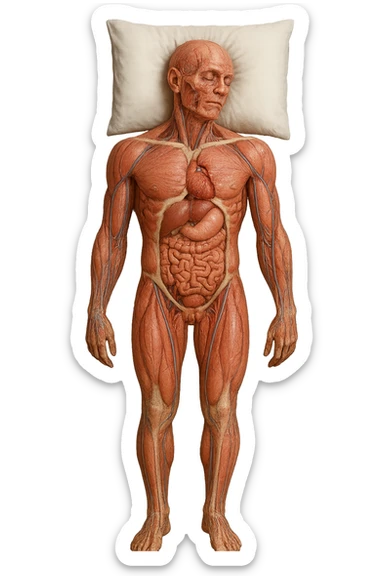 corpo umano anatomico CON TESTA SUL CUSCINO PERCHé STA DORMENDO, VISTO DALL'ALTO, iperrealistico 4k sticker