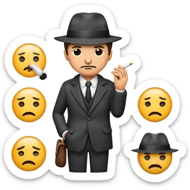 A pack of emoji-style illustrations of a noir detective wearing a classic suit and fedora, holding or smoking a cigarette. Each emoji shows a different expression or pose: thinking, sneaking, investigating with a magnifying glass, standing in the rain, looking mysterious, suspicious, angry, happy, and tired. Stylized like emojis: clean, simple, colorful, with expressive faces. Transparent background. sticker
