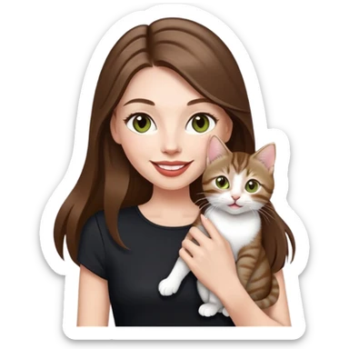 White Woman with VERY long straight brown hair, rosy lips, chartreuse eyes, cute happy big smile holding a white and brown tabby kitten, wearing a black purse sticker