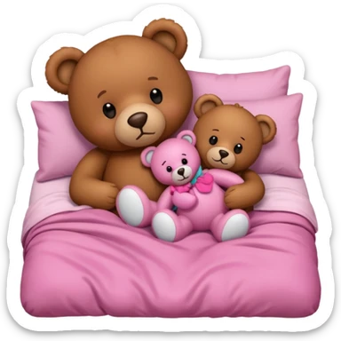 Brown teddy bear cuddling with a pink teddy bear in bed sticker