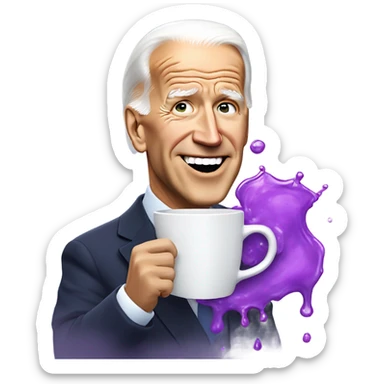biden with purple liquid spilling out of white cup sticker
