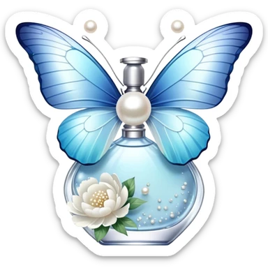 A delicate glass perfume bottle with an iridescent pearl finish rests on a vintage lace doily. A pale blue butterfly flutters nearby, its shimmering wings catching the soft golden light. Scattered white peony petals and a string of pearls add a touch of timeless elegance. sticker