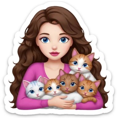 girl with long wavy brown hair, blue eyes, long lashes makeup, sexy pink lips, cuddling with 6 cats sticker
